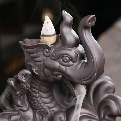 Lucky Feng Shui Elephant & Dragon Backflow Incense Burner - GANESHA SHOP