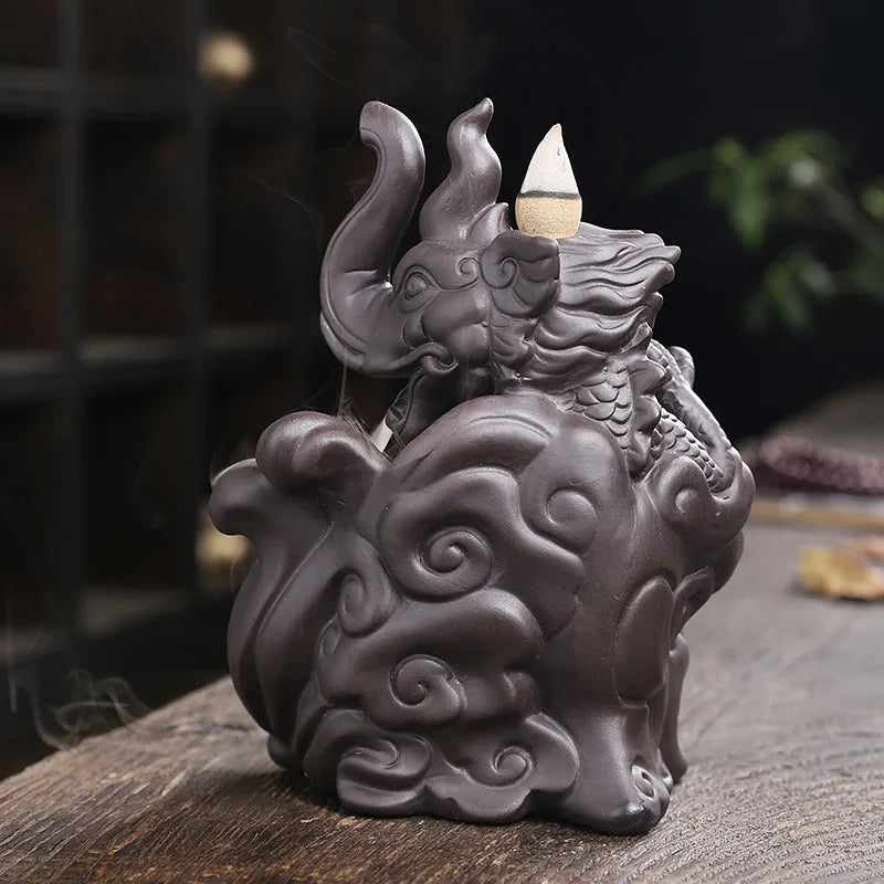 Lucky Feng Shui Elephant & Dragon Backflow Incense Burner - GANESHA SHOP