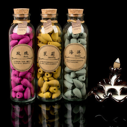 58pcs glass bottle package flavor can choose natural smoke backflow incense cones hollow cone incense sandalwood.