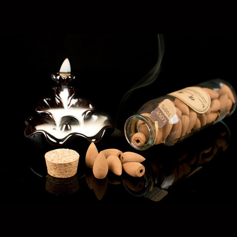 58pcs glass bottle package flavor can choose natural smoke backflow incense cones hollow cone incense sandalwood.